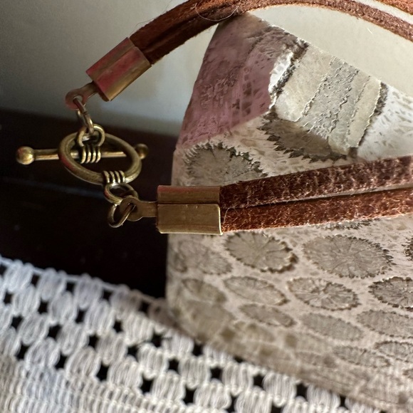 Coral Fossil Square Donut Pendant on Brown Two Tone Faux Leather Double Cord - Picture 8 of 11